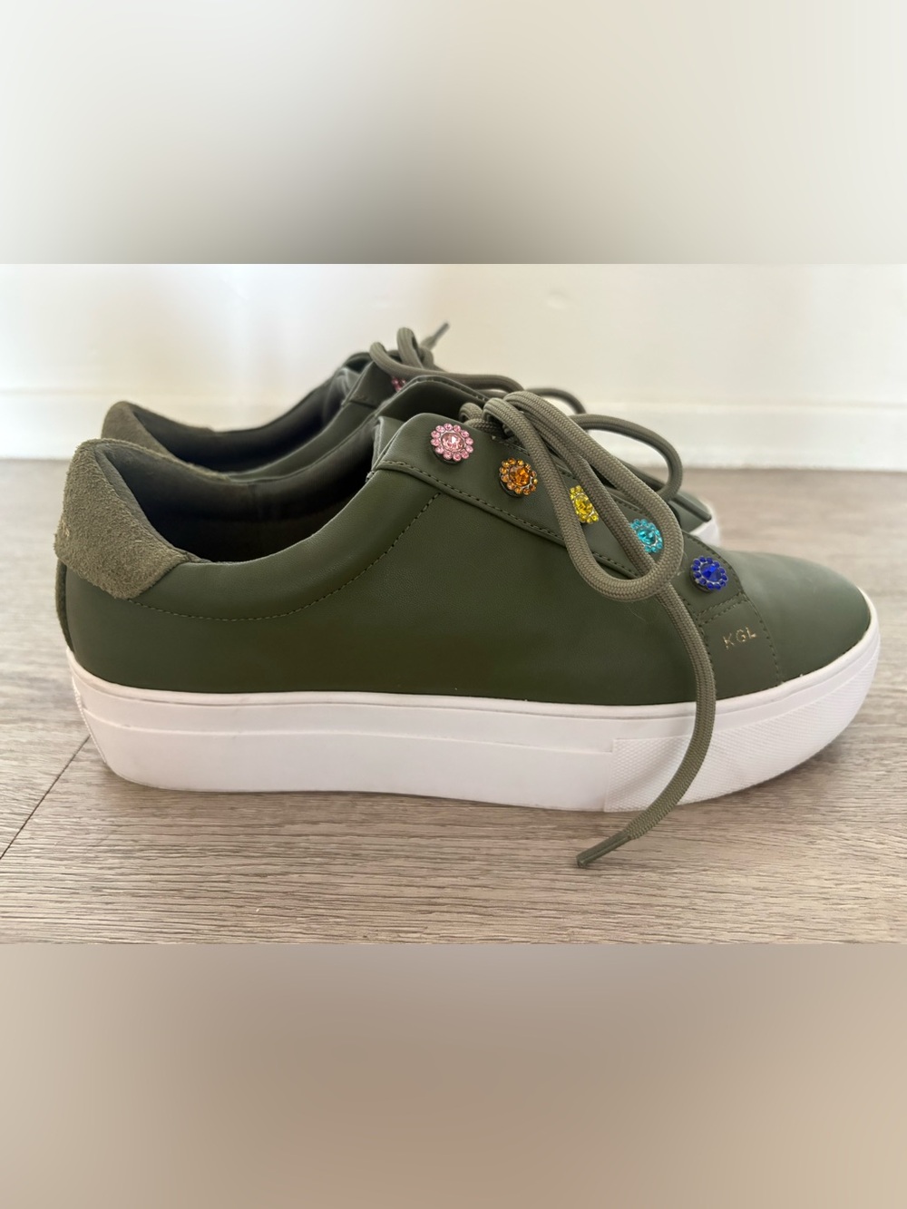 Kurt Geiger London Liviah Love Platform Sneaker Olive Green Leather Rhinestones